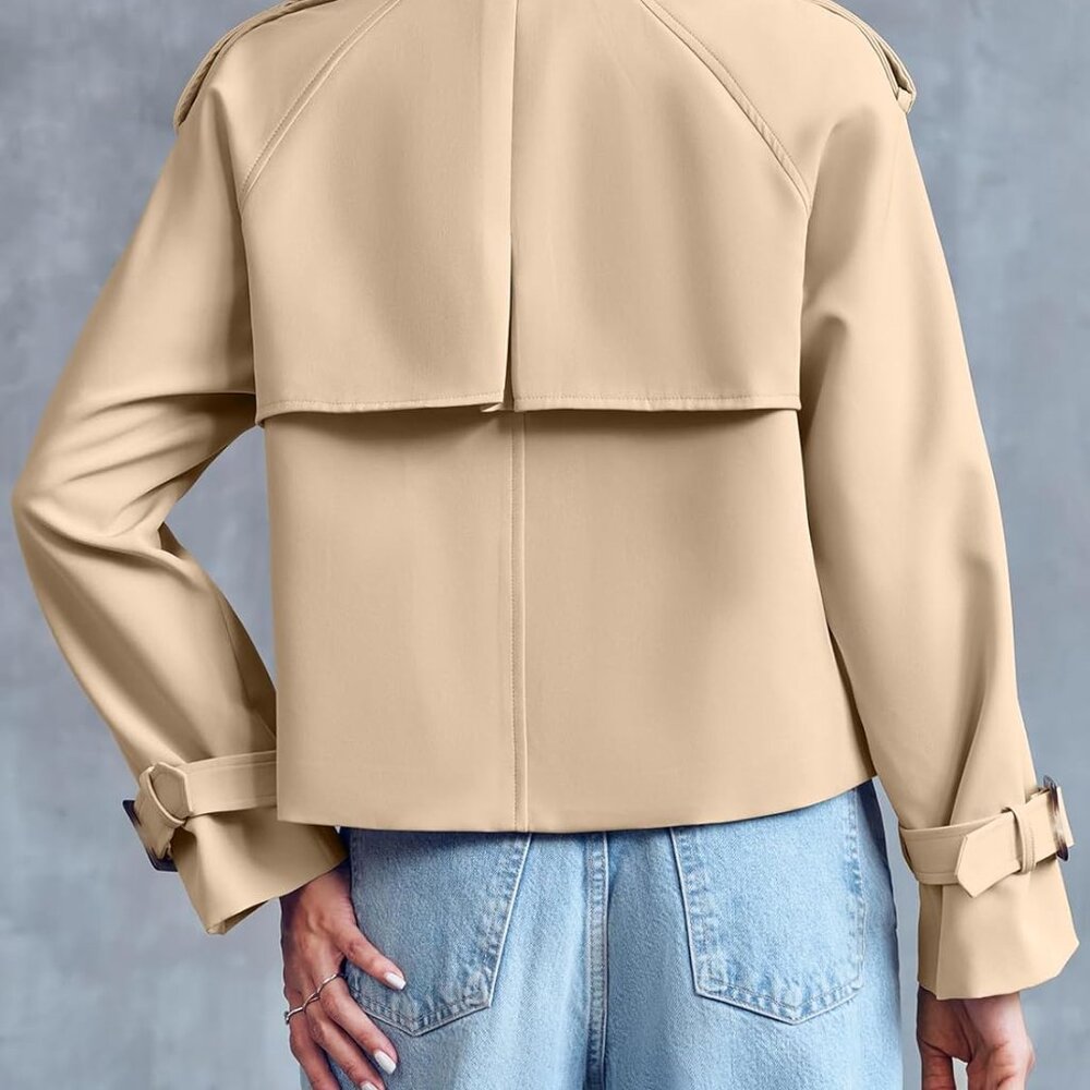 Women Crop Double Breasted Trench Coat Raglan Sleeve Work Office Cropped Jacket - Picture 5 of 6